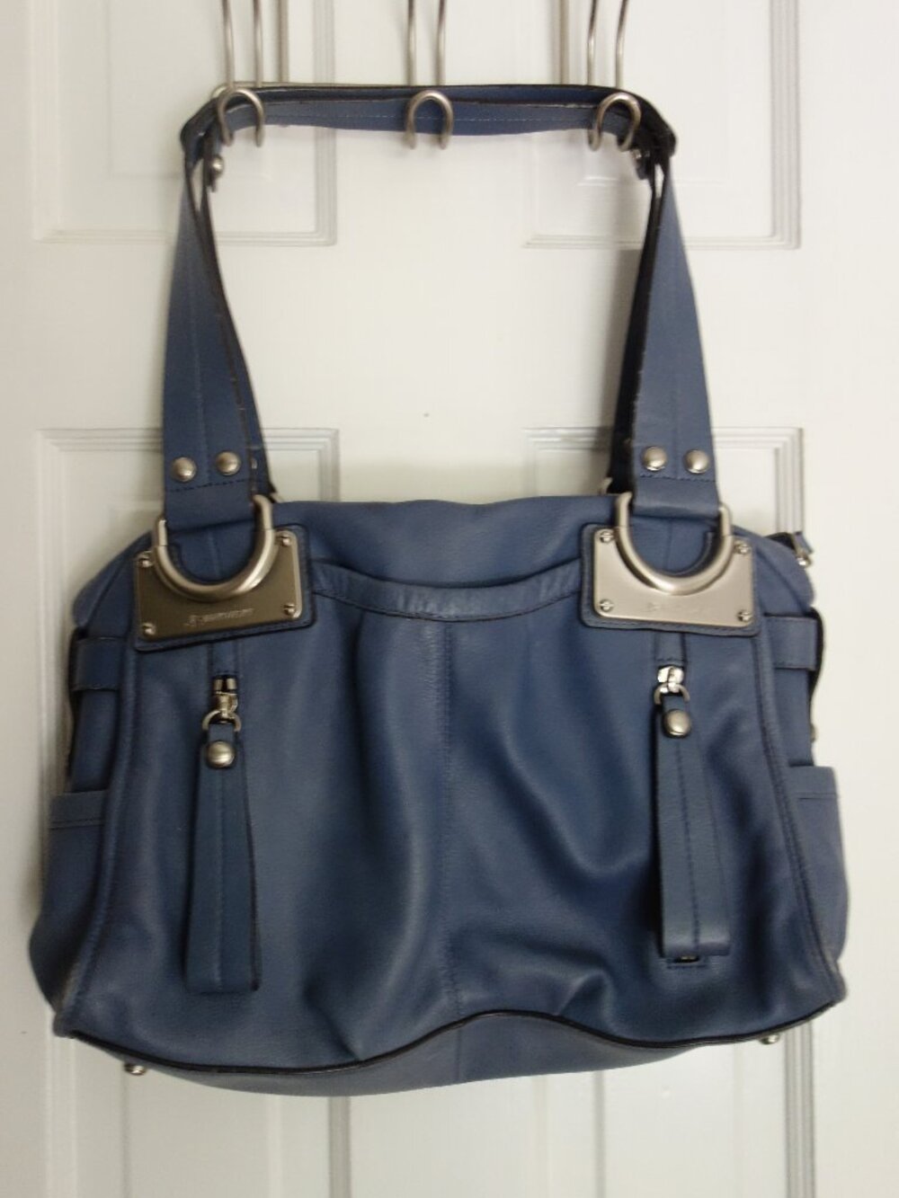 B MAKOWSKI Blue Pebbled Leather Silver Tone Hardware Shoulder Purse